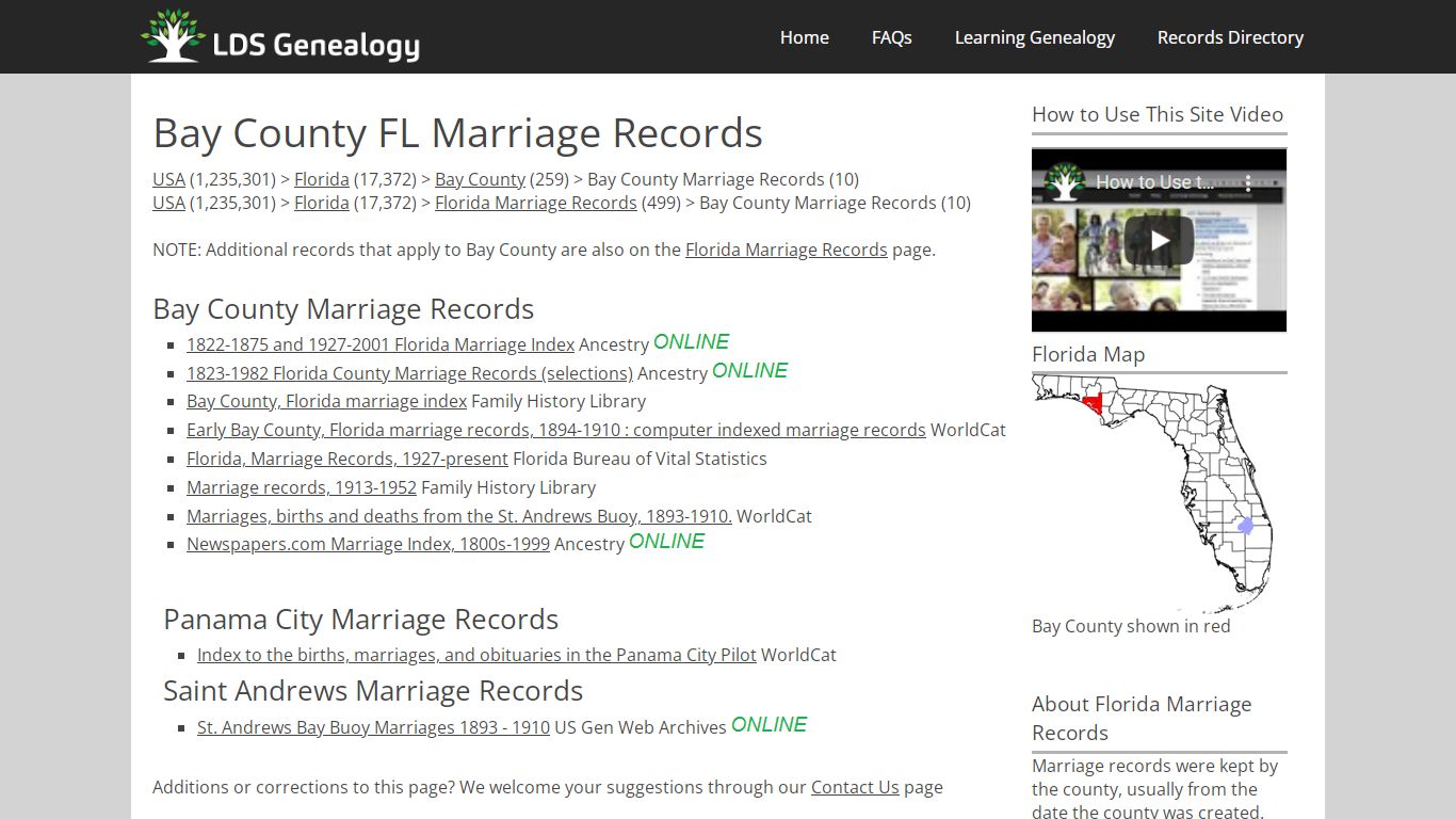 Bay County FL Marriage Records - LDS Genealogy